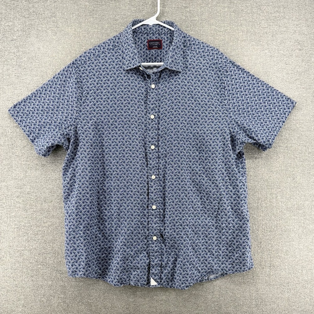 UNTUCKit Silineo Shirt Men Size XL Blue Geometric Linen Short Sleeve Button Up